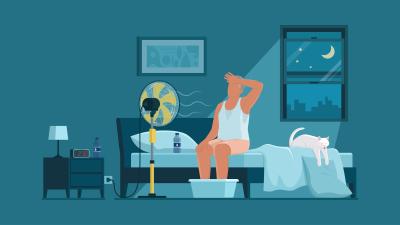 Illustratie man zoekt verkoeling in een warme slaapkamer