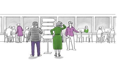 Een bewoner word verwezen bij een gemeentehuis