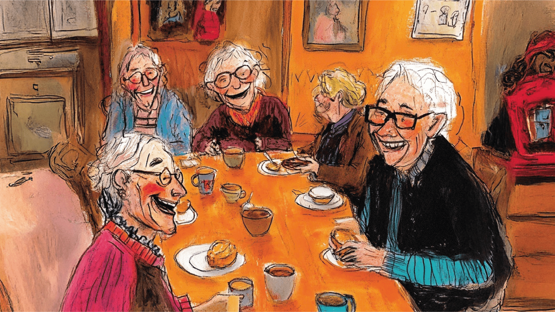 Illustratie ouderen aan tafel
