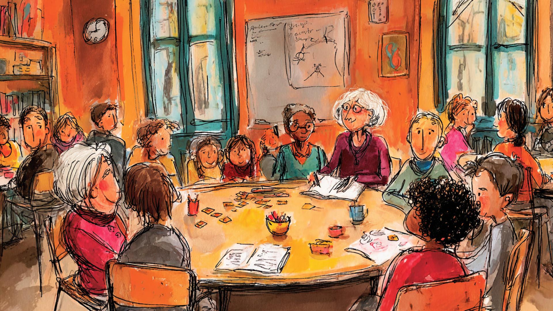 Illustratie groep bespreking aan ronde tafel