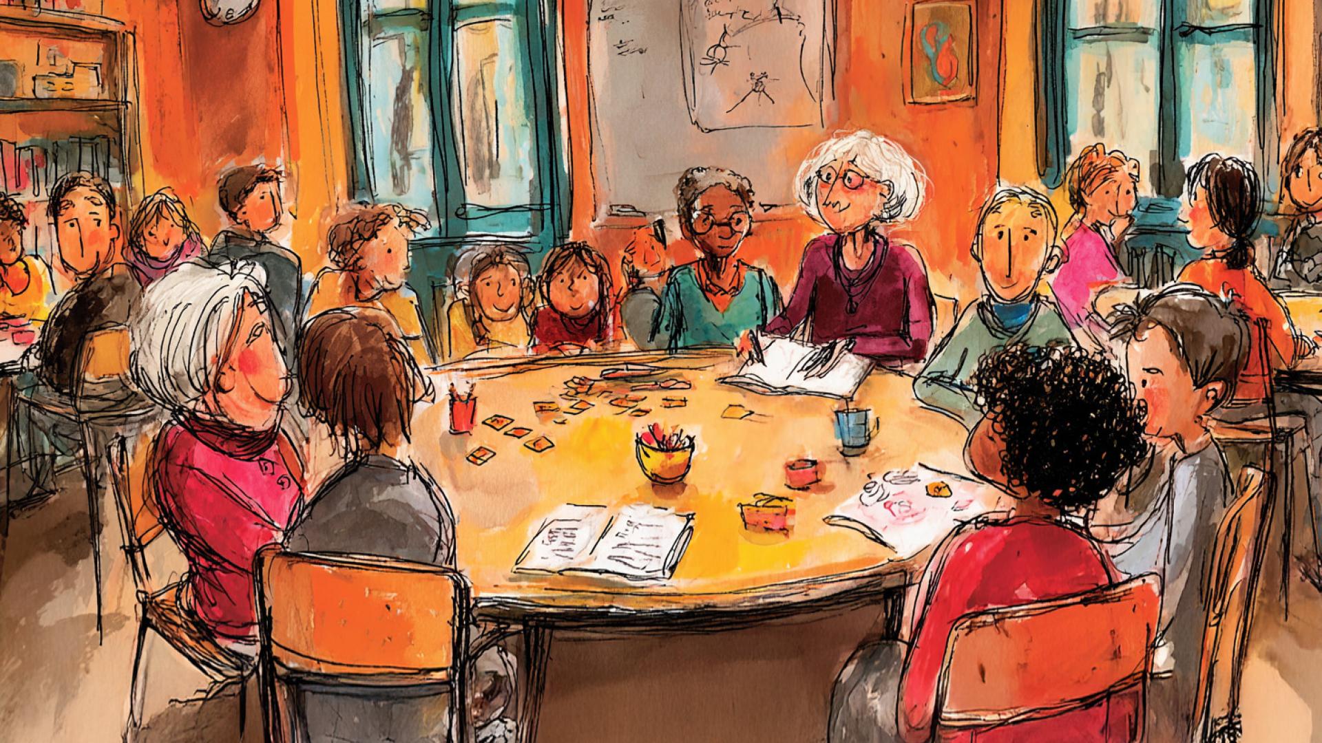 Illustratie groep bespreking aan ronde tafel