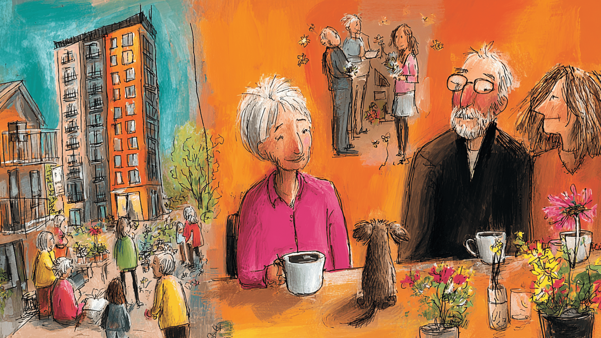 Illustratie mensen aan tafel aan de koffie