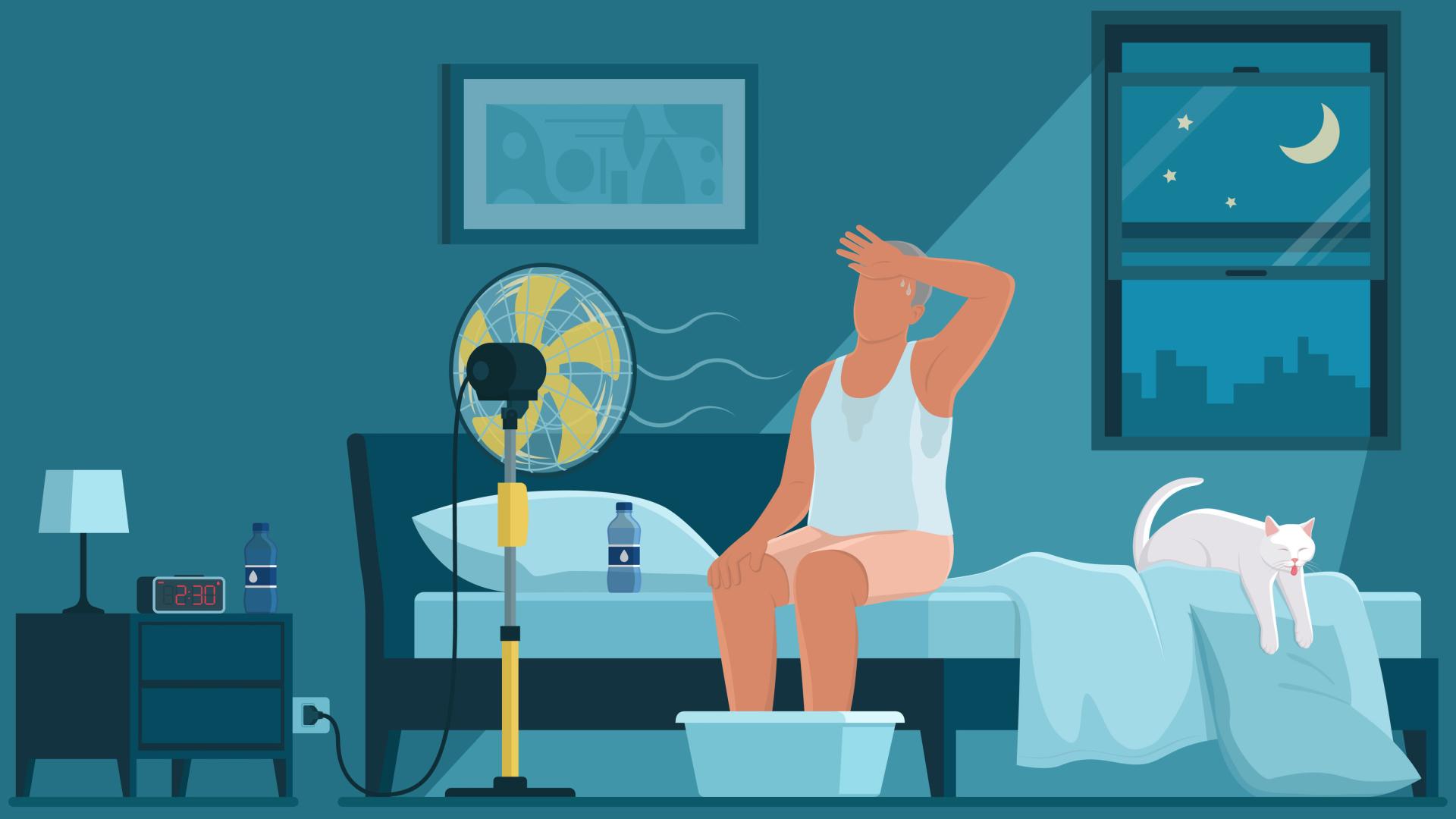 Illustratie hittestress - man zoekt verkoeling in een warme slaapkamer