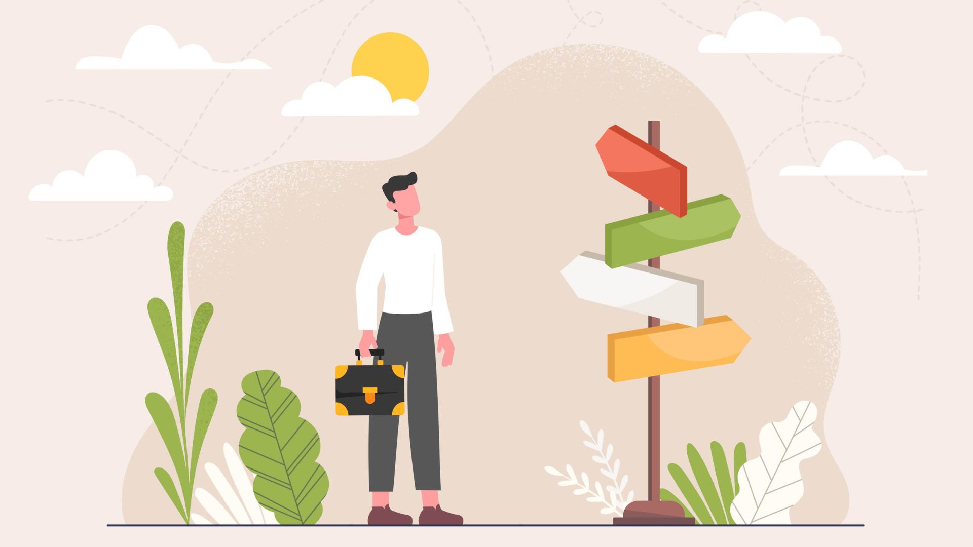 Illustratie man bij paal met wegwijzers